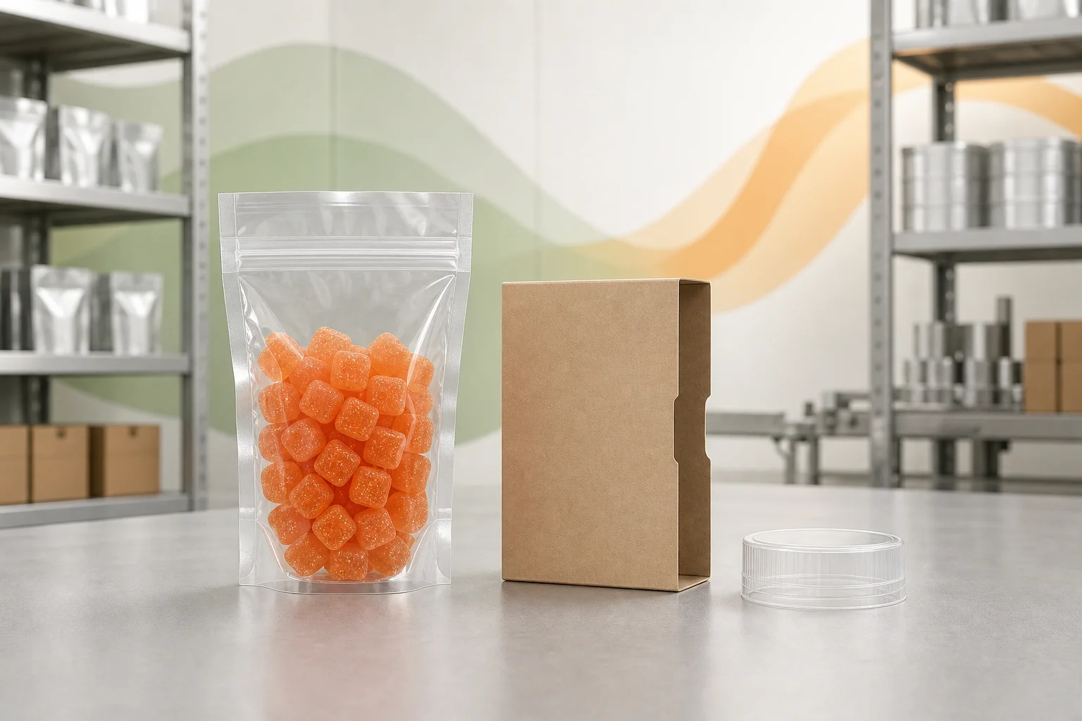 Illustration of orange gummy samples and packaging context for flavor masking