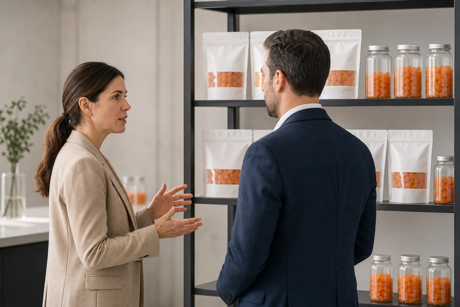 Illustration of a brand and manufacturer discussing gummy samples before sampling