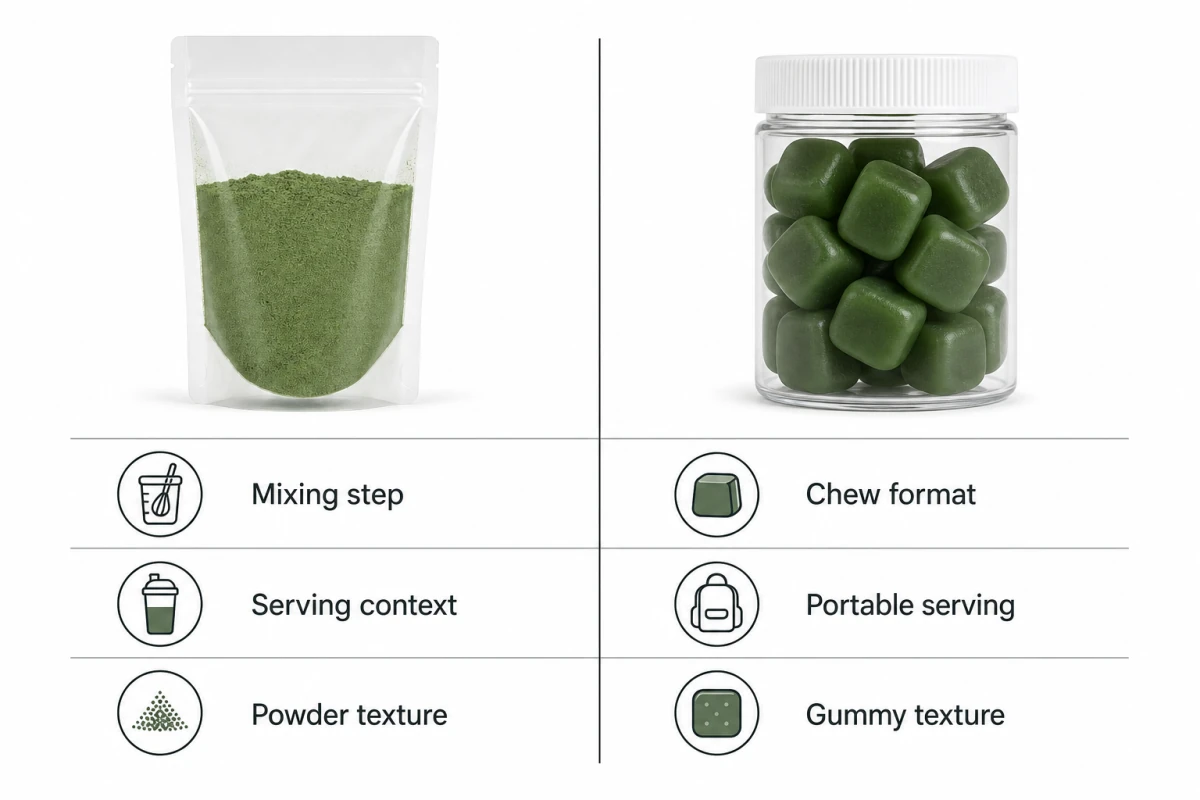 greens gummies versus greens powder brand comparison