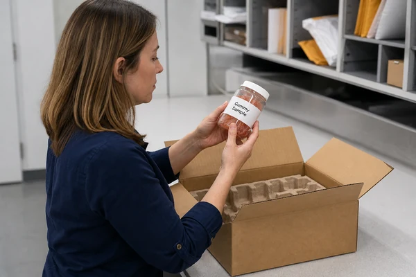 Illustrative consumer check of an unbranded gummy jar after delivery