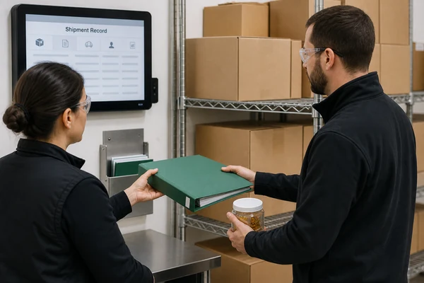 Illustrative shipment record handoff between quality and logistics teams
