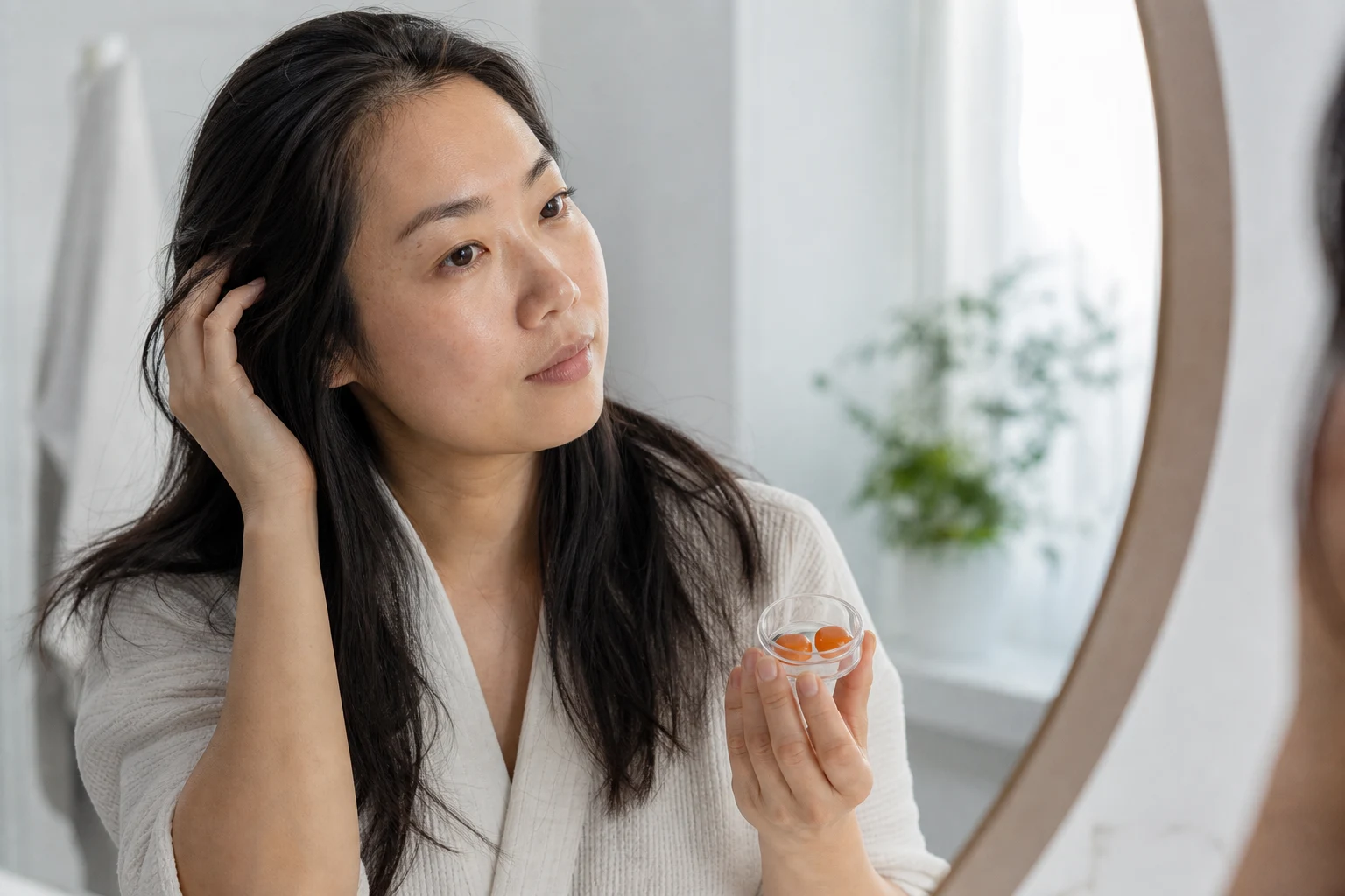 Consumer holding a hair skin and nails gummy beside a mirror