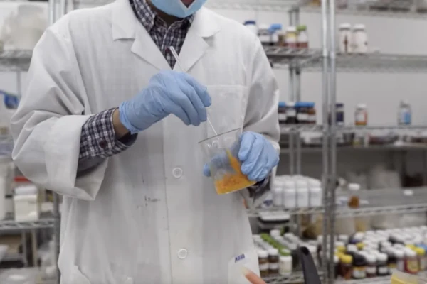 Technician checking a yellow gummy sample in a lab