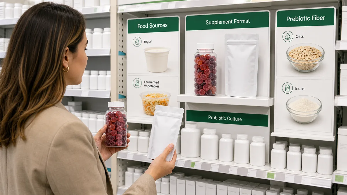 probiotic food sources and prebiotic fiber foods compared to gummy supplement format