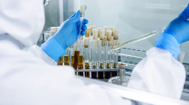 Technicians preparing supplement samples in a quality-control lab