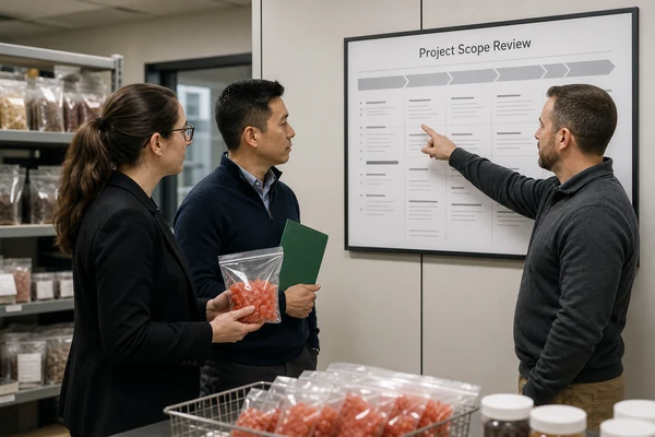 Brand and manufacturing teams reviewing private label mushroom gummy project scope