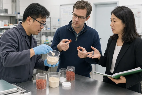 Product team handling mushroom gummy samples during formulation review