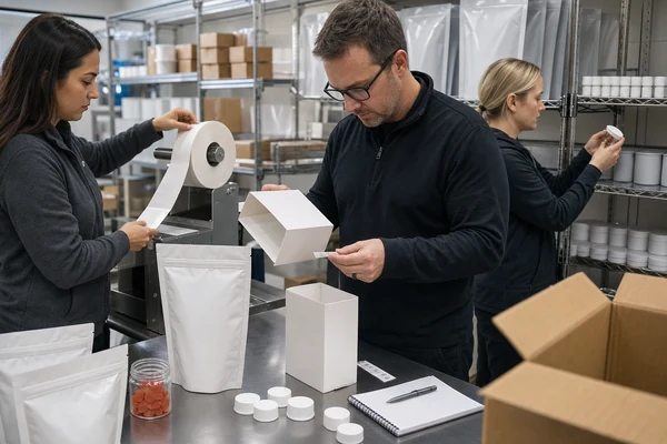 Packaging team reviewing blank pouches label rolls and carton sleeves for mushroom gummies