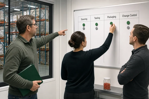 Procurement team discussing mushroom gummy manufacturer qualification requirements