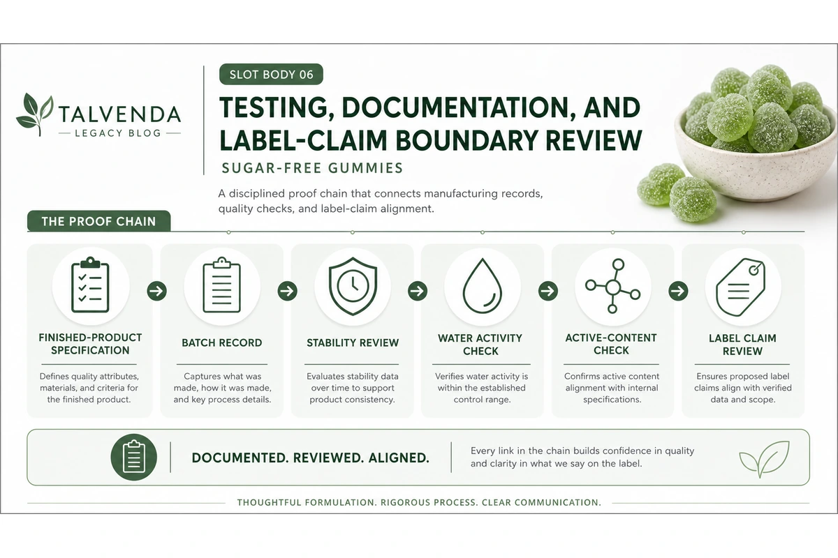 Sugar free gummy testing documentation and label claims