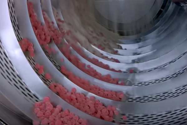 Gummies moving through a coating stage on a production line