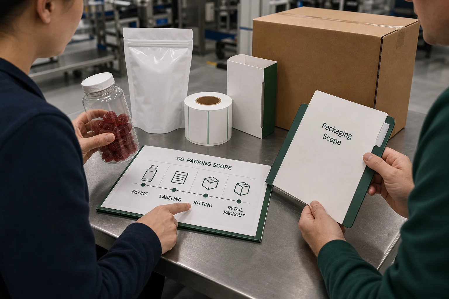 Supplement co-packer packaging scope for bottles pouches and retail-ready cartons