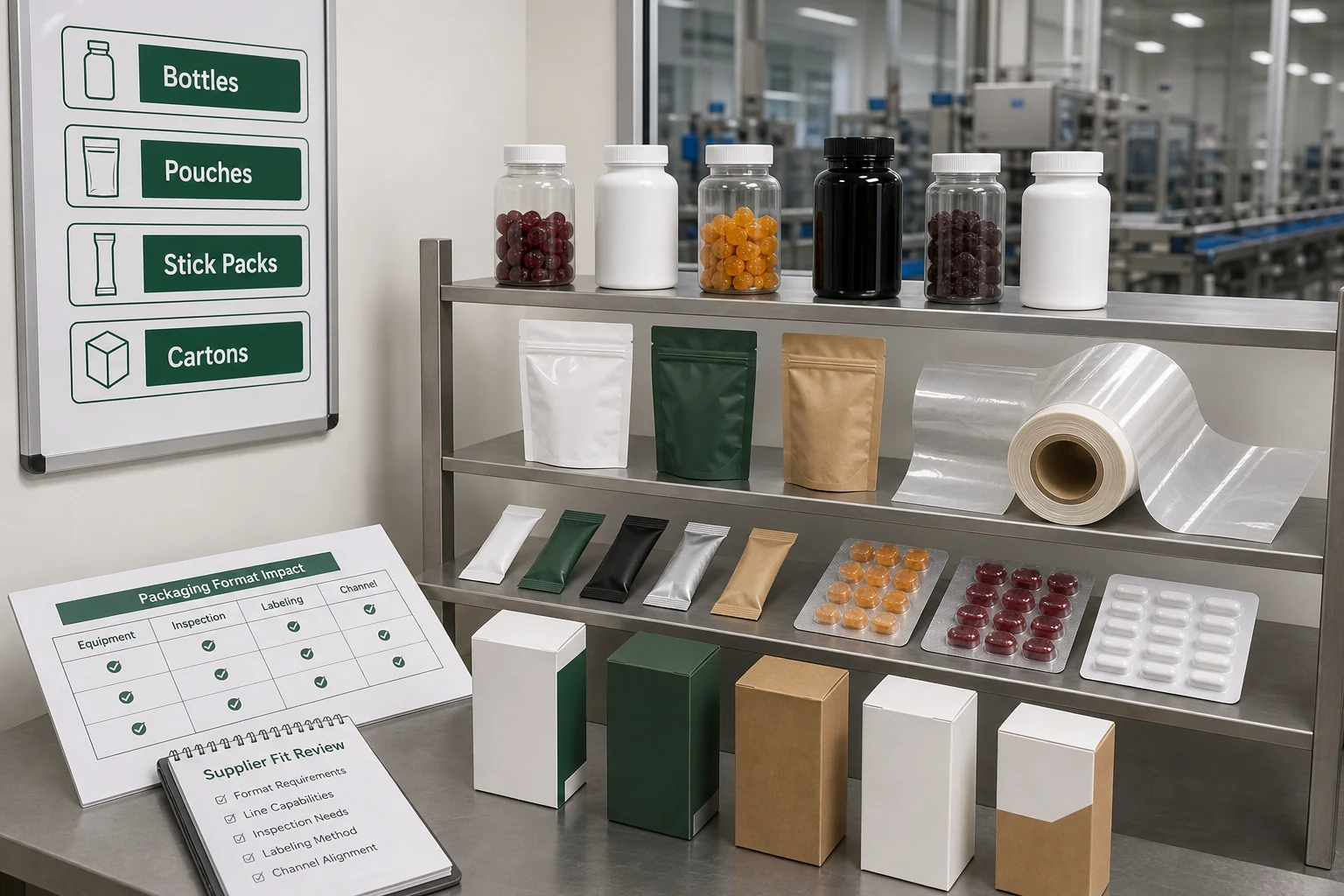 Supplement packaging formats including bottles pouches stick packs blisters and cartons