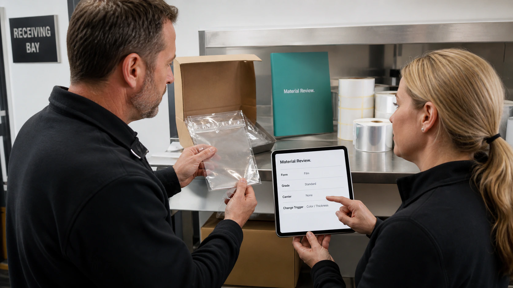 Illustration of a team reviewing raw-material identity and specification details before a gummy sample