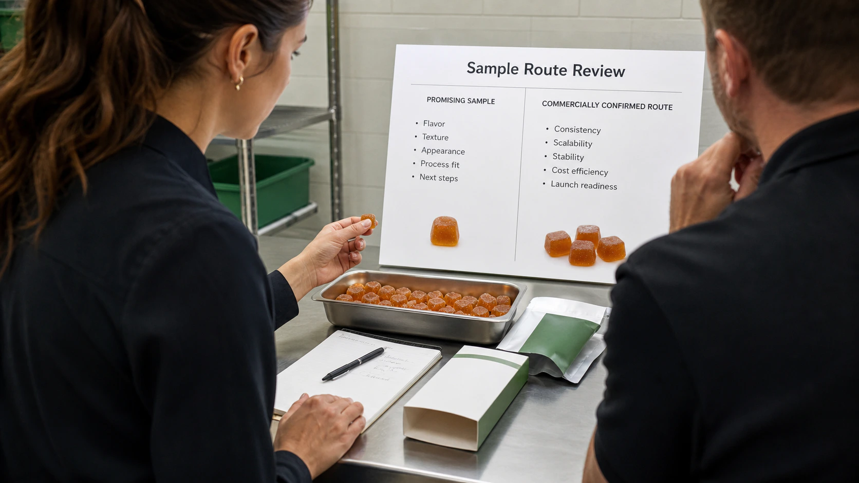 Illustration of a team reviewing gummy samples and packaging fit for a raw material