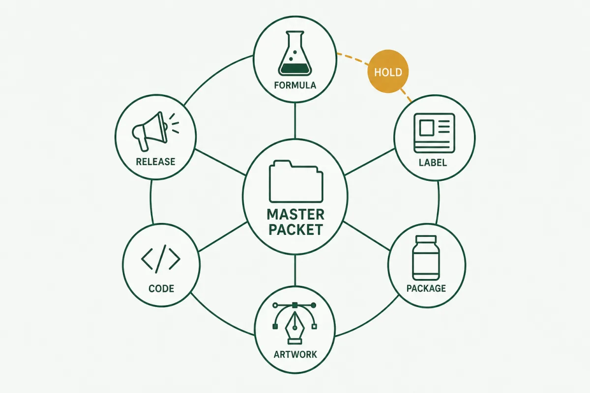 Illustration of a controlled supplement packaging packet linking formula, label, artwork, coding, package, and release