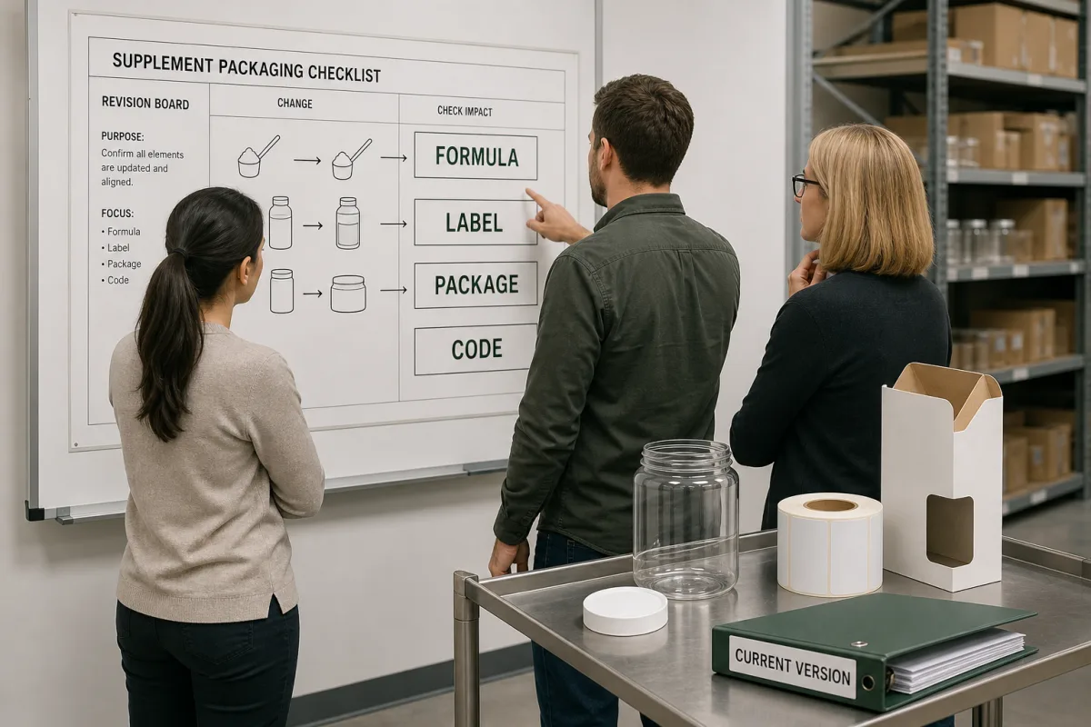 Illustration of a team reviewing linked supplement package approvals on a revision board