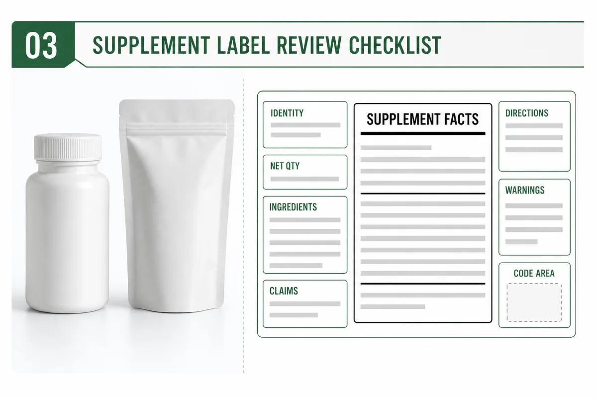 Illustration of a supplement label review layout for identity, facts, ingredients, warnings, claims, and code area