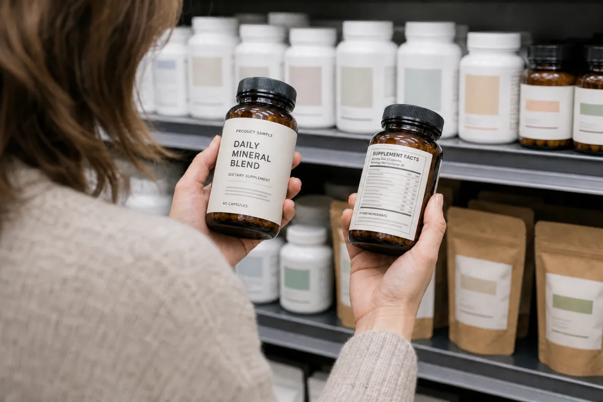 Illustration of a consumer comparing a generic supplement front label and Supplement Facts panel