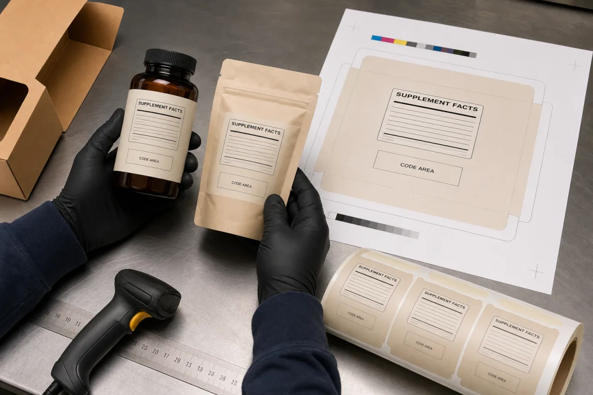 Illustration of a packaging proof, dieline, and code area review at artwork handoff