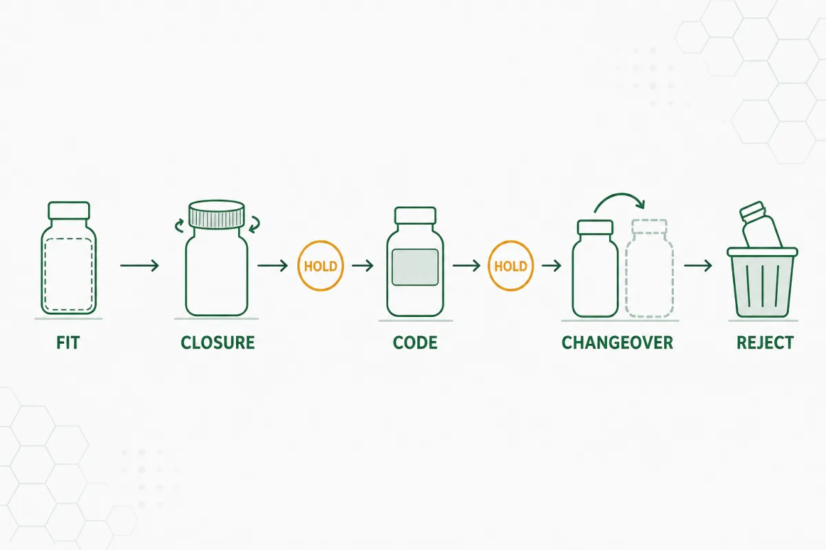 Illustration of package fit, closure, code, changeover, and reject-control checks