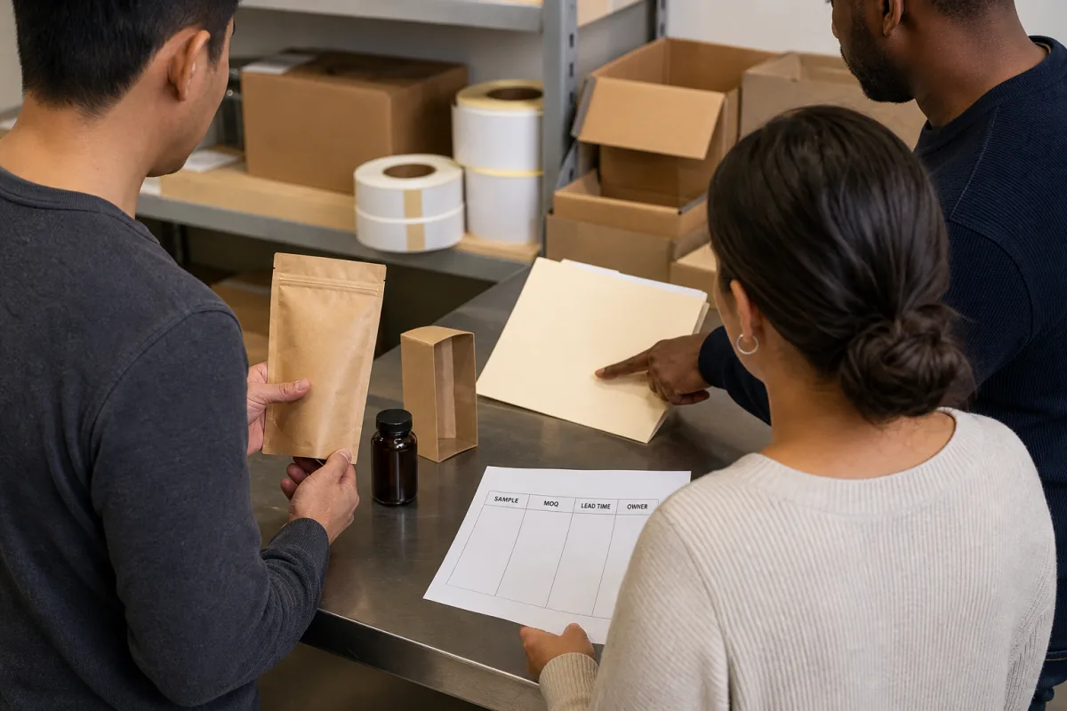Illustration of partners reviewing generic supplement packaging components and release responsibilities
