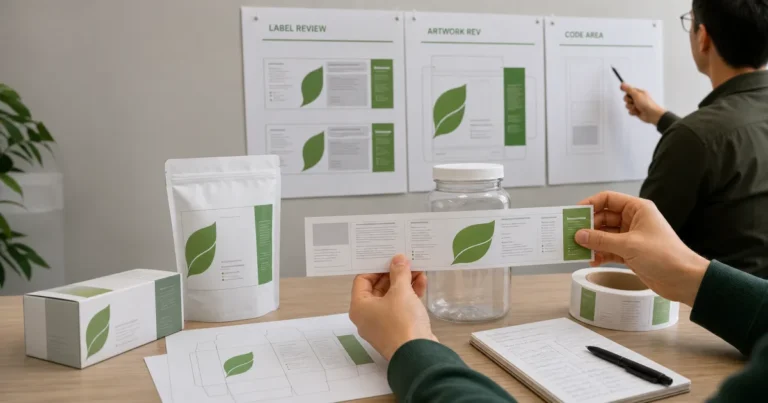 Illustration of a supplement packaging pre-production review with label proofs, dielines, and package samples