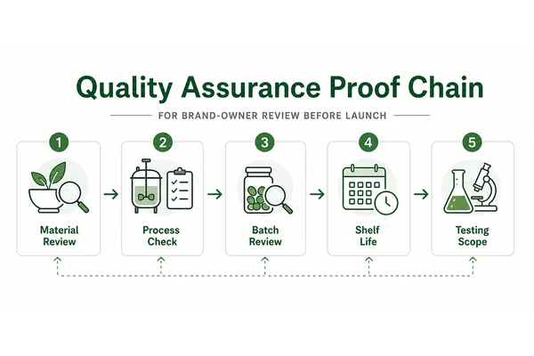 Supplement quality assurance proof chain from raw material review to finished batch release