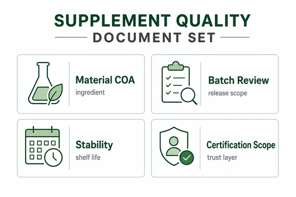 Supplement quality document set including COA, batch test report, and stability record