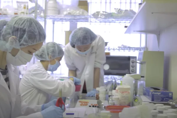 Quality team reviewing gummy samples in a production facility