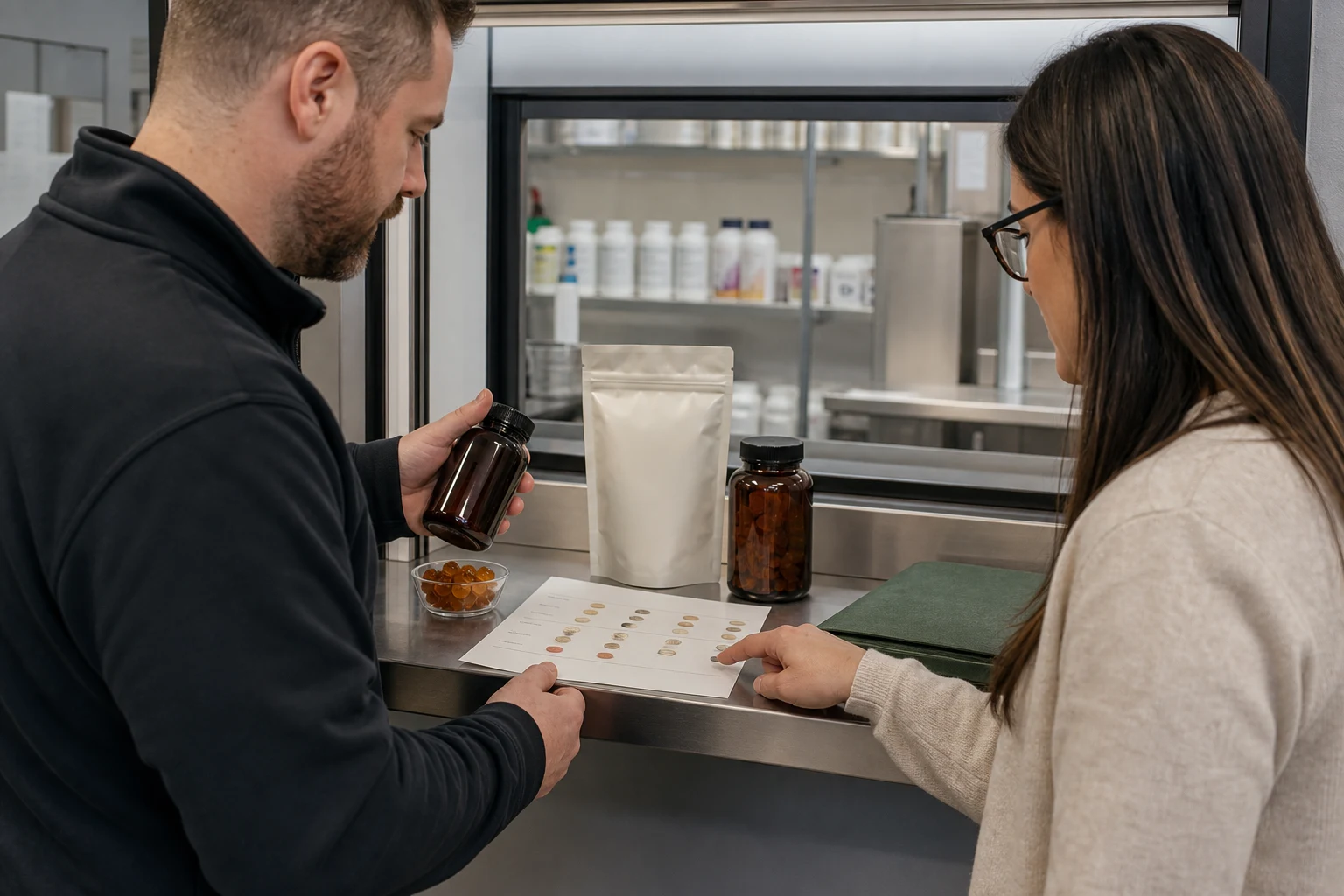 Brand team reviewing D3 K2 gummy serving design and package scope