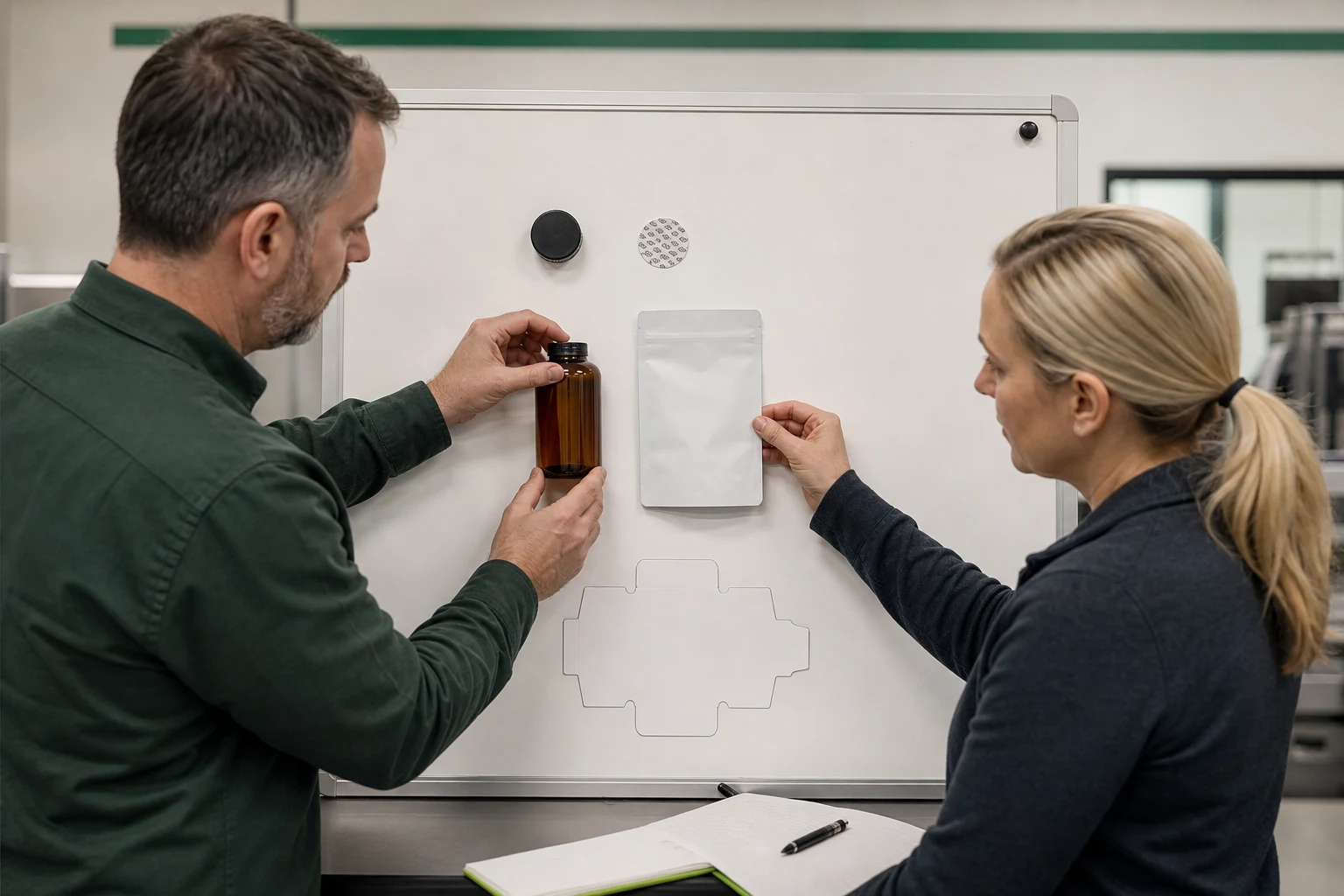 Packaging team reviewing blank D3 K2 gummy labels and container components