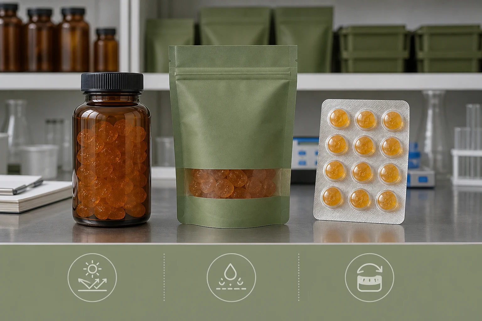 Unbranded gummy bottle pouch and blister concepts for stability planning