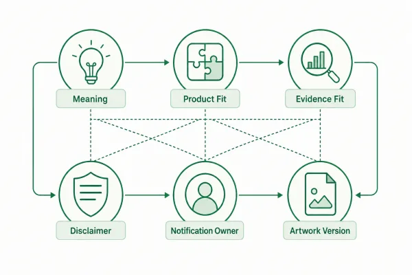 Illustration of a U.S. supplement claim review chain from meaning to artwork control