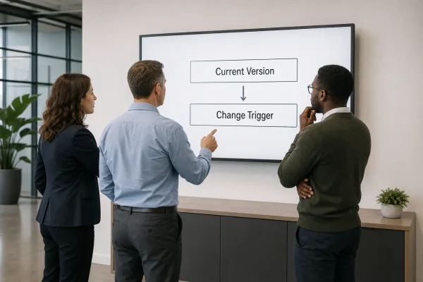 Illustration of a manufacturer-facing version handoff and change-control checkpoint