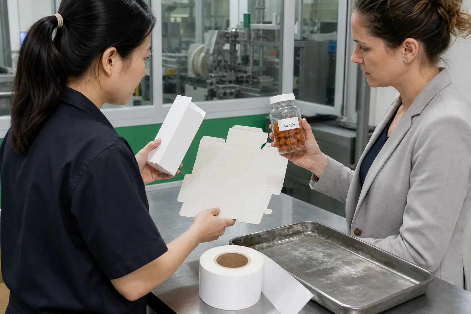 Chinese packaging coordinator reviewing a private label supplement change