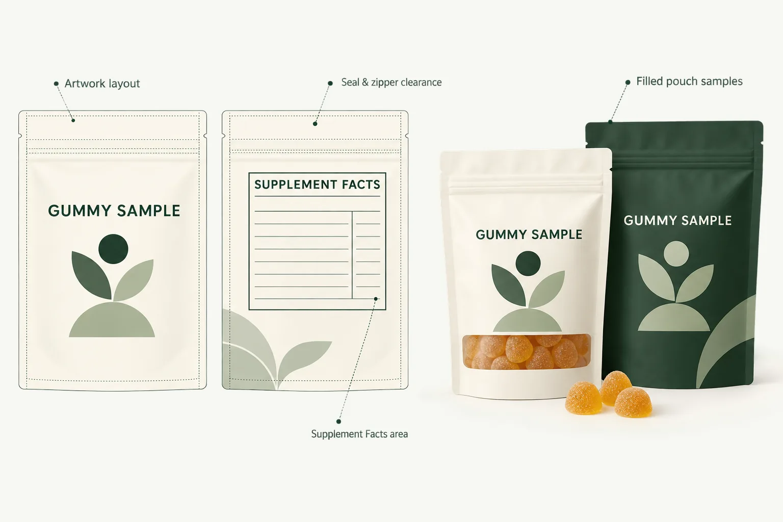 Illustration of generic gummy pouch artwork, a blank Supplement Facts area and filled sample pouches