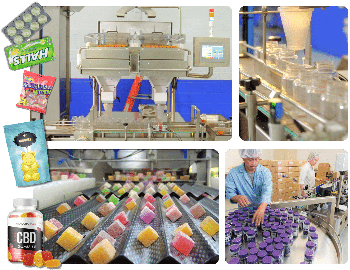 Automated gummy packaging equipment collage showing weighing, bottle filling and conveyor handling