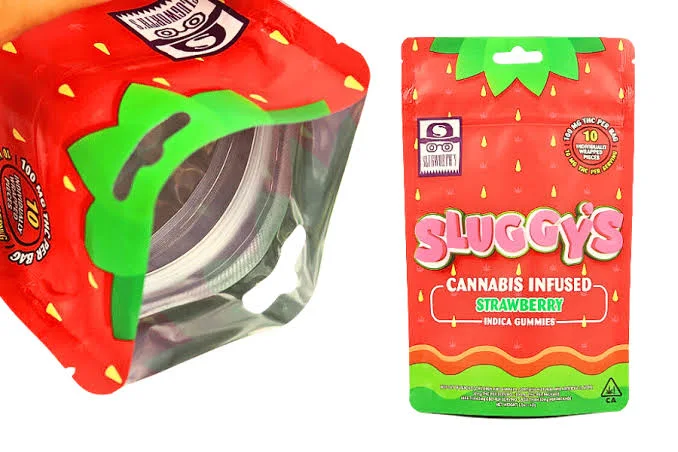 Opened premade pouch showing the resealable closure beside a finished printed pouch