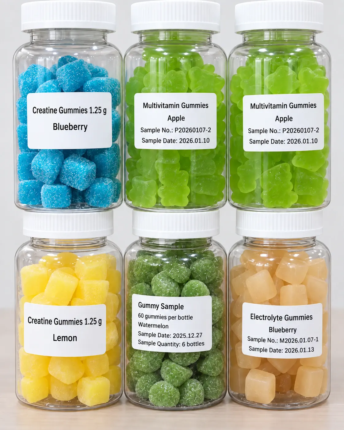 Six development sample bottles showing different gummy colours, shapes and coatings