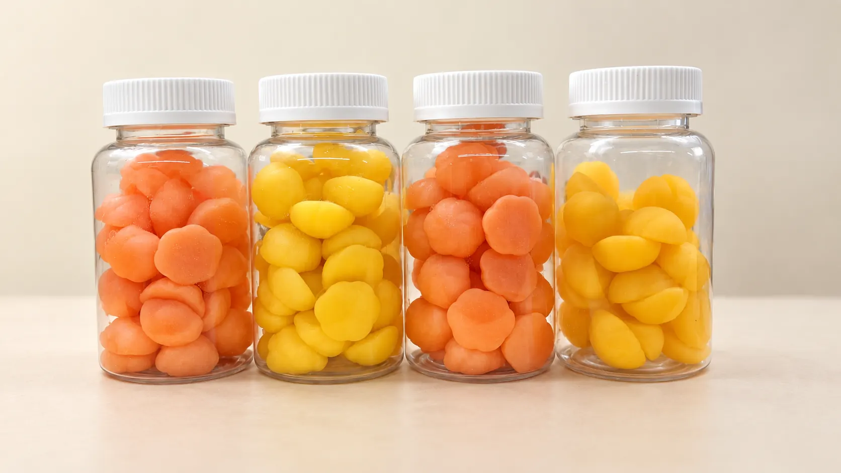 Unlabelled gummy sample bottles showing a general sample presentation