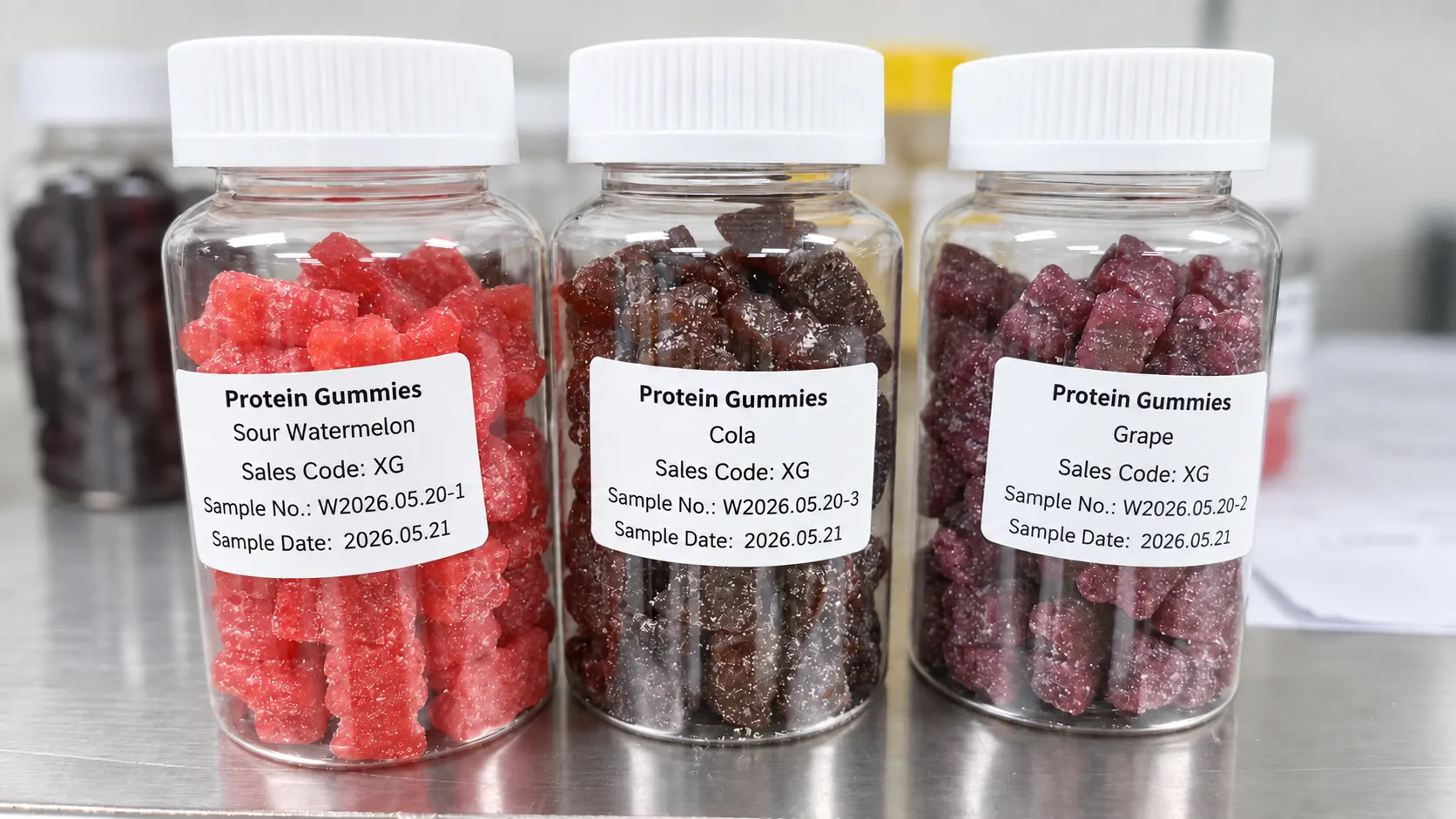 Three protein gummy development sample bottles with English flavour and version labels
