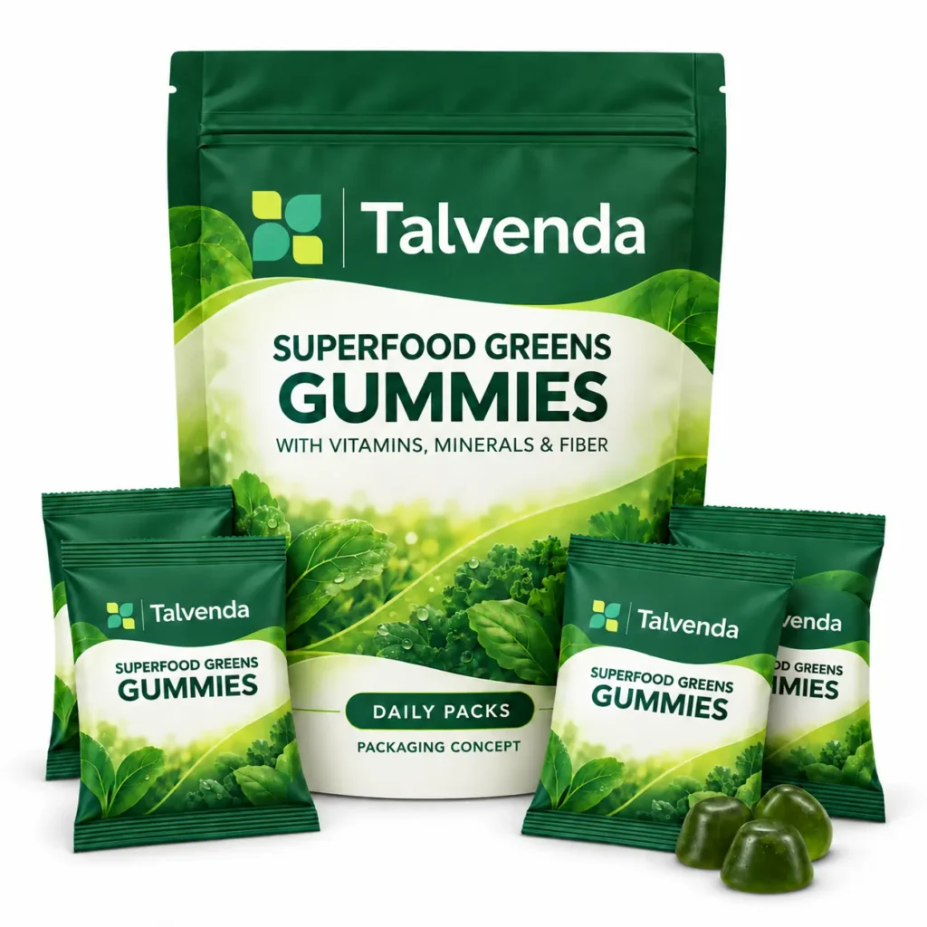 Talvenda superfood greens gummies with vitamins, minerals and fiber in a large pouch with individual daily sachets