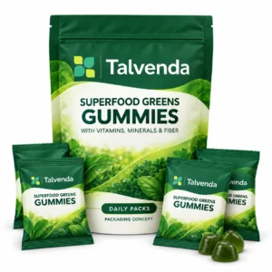 Talvenda superfood greens gummies with vitamins, minerals and fiber in a large pouch with individual daily sachets