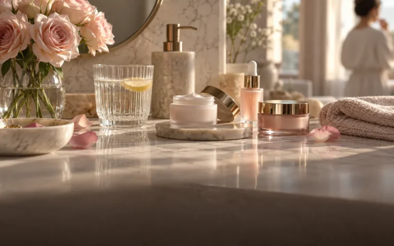 Skincare jars and flowers on a sunlit vanity