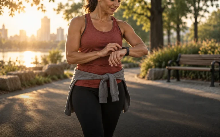 Woman checking her fitness watch during an outdoor walk
