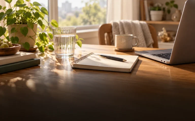 Notebook and laptop on a sunlit desk