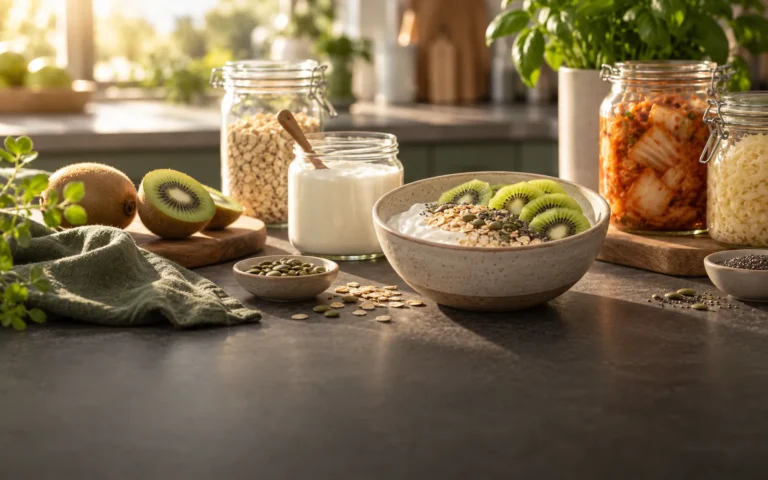 Oats, yogurt and fruit on a kitchen counter