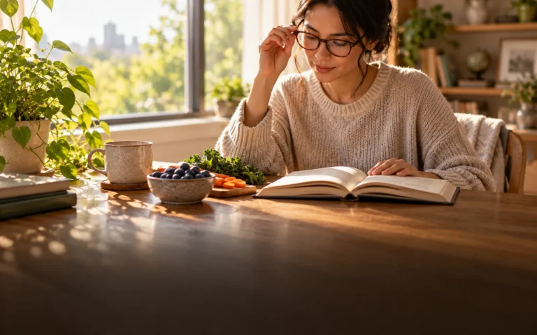 Woman wearing glasses while reading beside a window