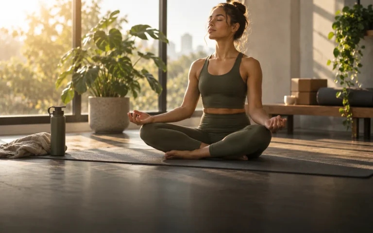 Woman sitting on a yoga mat in a sunlit room